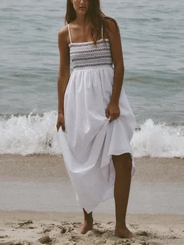 Летнее платье-комбинация, женский модный прямой вырез, пляжное платье с вышивкой в стиле пэчворк на тонких бретелях, белые платья Миди