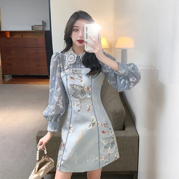 Весна 2023, Французское расшитое бисером кружевное платье с отворотом и рукавом-фонариком, современное платье Чонсам с принтом в китайском стиле, Vestidos