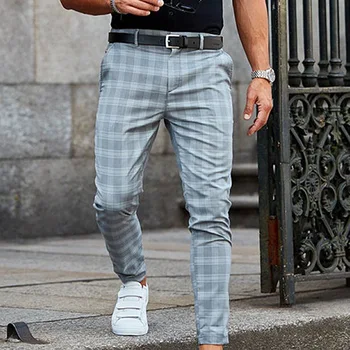 Y2K мужские новые прямые длинные брюки в винтажном тонком стиле, мужская уличная одежда для бега, клетчатые брюки-карандаш для бега, мужские деловые брюки-карго, повседневные брюки