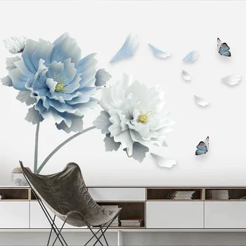 Большой бело-голубой цветок Бабочка Лотос Съемные наклейки на стены 3D Наклейки на стены Домашний декор Фрески для гостиной спальни