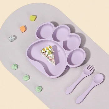 Детская силиконовая тарелка, встроенная в набор присосок, тарелка для детского питания, разделительная тарелка для еды из мультяшных медвежьих ЛАП