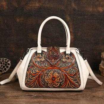 Винтажная женская сумка с цветочным рисунком, женские кожаные сумки ручной работы с гравировкой в китайском стиле, женская сумка-тоут или через плечо.