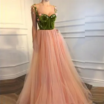 Зеленые и розовые платья для выпускного вечера с корсетом, бархатный топ в виде сердечка с цветочными аппликациями ручной работы, юбка из тюля, вечерние платья для вечеринок