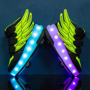Сменяющие цвет роликовые туфли с двойными колесами и светодиодной подсветкой - Дизайн с 7 крыльями - Детские роликовые кроссовки для мальчиков и девочек